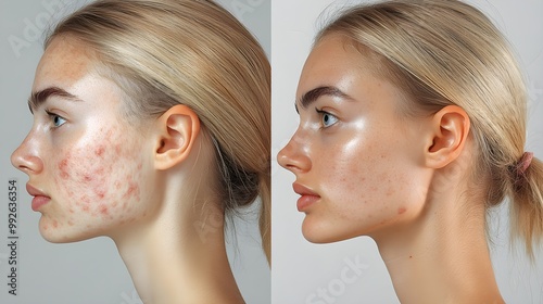 Side profile showing acne's slow healing process, treatment effects visible over time, reduced scars and redness, day-by-day changes photo