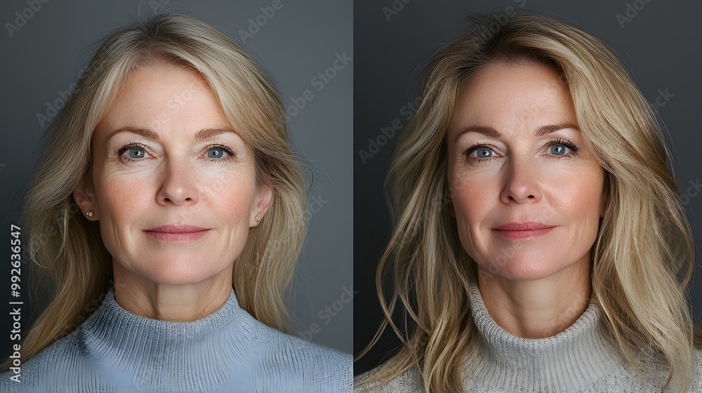 Detailed before-and-after facelift transformation, featuring aging skin with fine lines and sagging, and the results of tightened, wrinkle-free skin post-lift Detailed before-and-after facelift transformation, featuring aging skin with fine lines and sagging, and the results of tightened, wrinkle-free skin post-lift