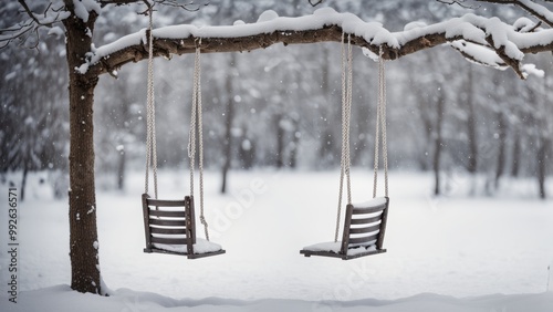 Children's swing in a snowy park