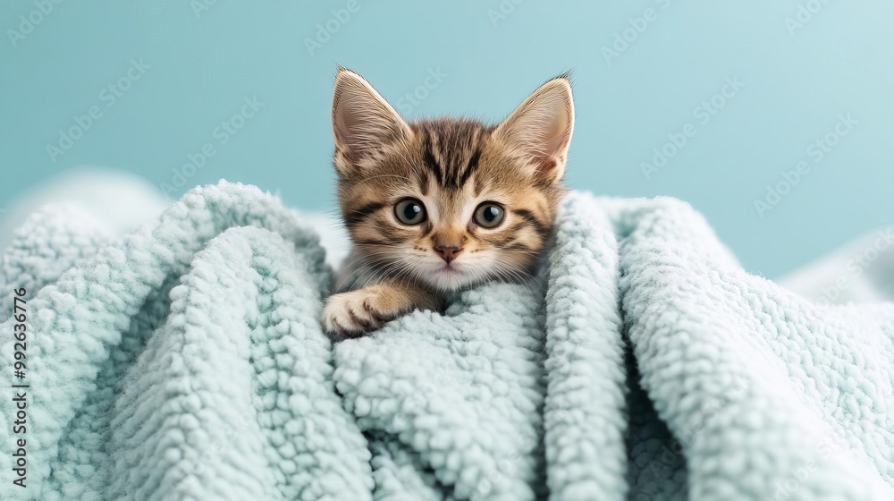 Naklejka premium Kitten climbing a pile of soft blankets, cozy adventure, cute, soft