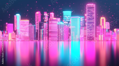 Futuristic cityscape with towering buildings bathed in neon lights, highangle shot, dynamic reflections, electric blues and purples, bustling and vibrant