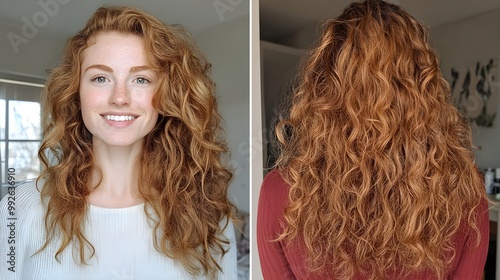 Curly hair transformation using honey, illustrating wild, dry curls before and beautifully styled, hydrated curls with natural shine after photo