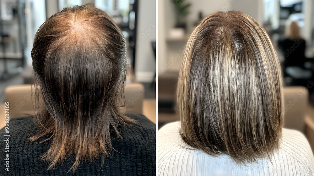 Fototapeta premium Clear before-and-after images of hair loss reversal, showcasing significant hair thinning before treatment and voluminous hair post-treatment
