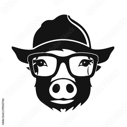  cartoon pig wearing glasses looks at the camera- logo silhouette vector illustration