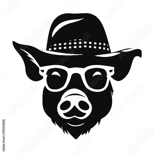  cartoon pig wearing glasses looks at the camera- logo silhouette vector illustration