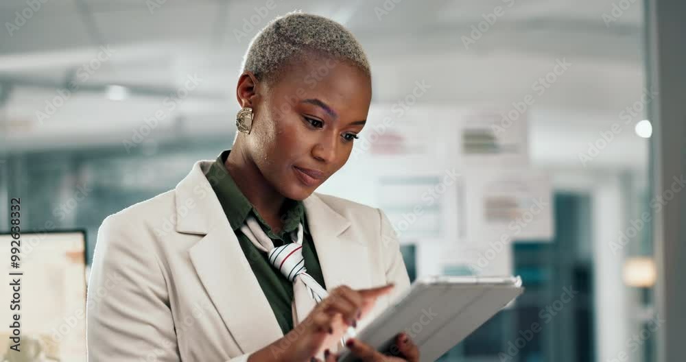 Business, black woman and typing on tablet in office at night for email feedback, project research and corporate deadline. Professional, finance employee and overtime on digital tech with planning