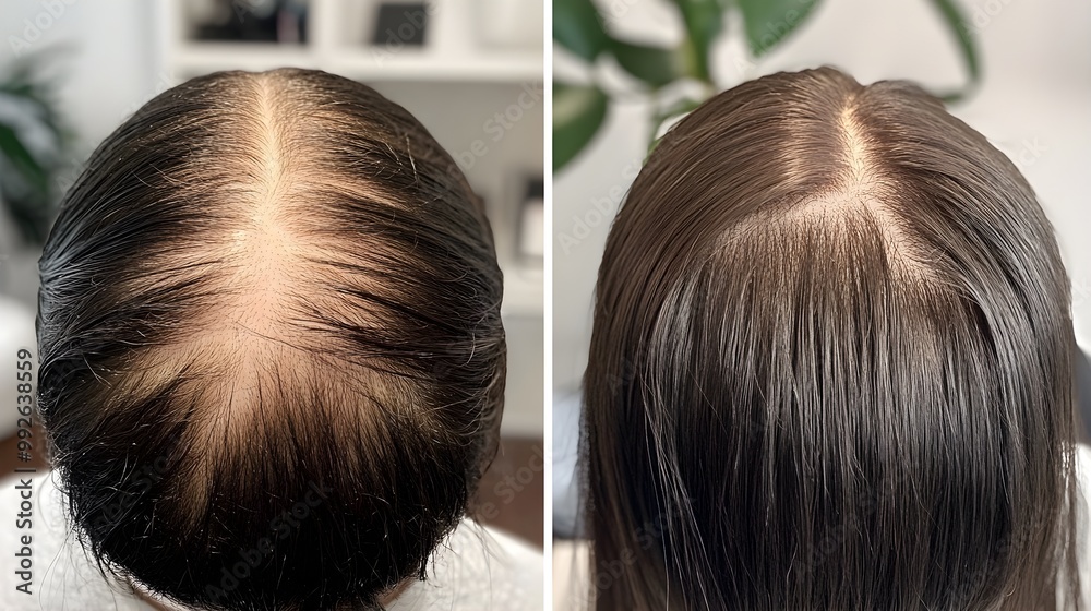 Fototapeta premium Documented hair regrowth journey, showing a balding scalp before treatment and thick, restored hair after successful hair loss therapy
