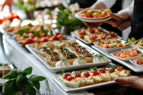 A table full of food with a woman holding a plate