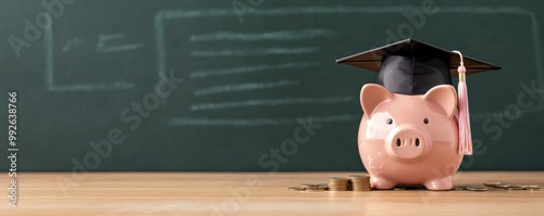 A piggy bank wearing a graduation cap symbolizes financial education and savings for future studies, set against a chalkboard backdrop. photo