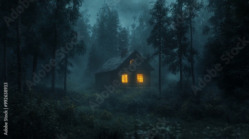 A small wooden cabin with lit windows stands in a dark, foggy forest.