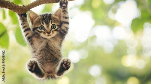 Kitten hanging from a tree branch, swaying in the breeze, kitten adventure, cute, dynamic