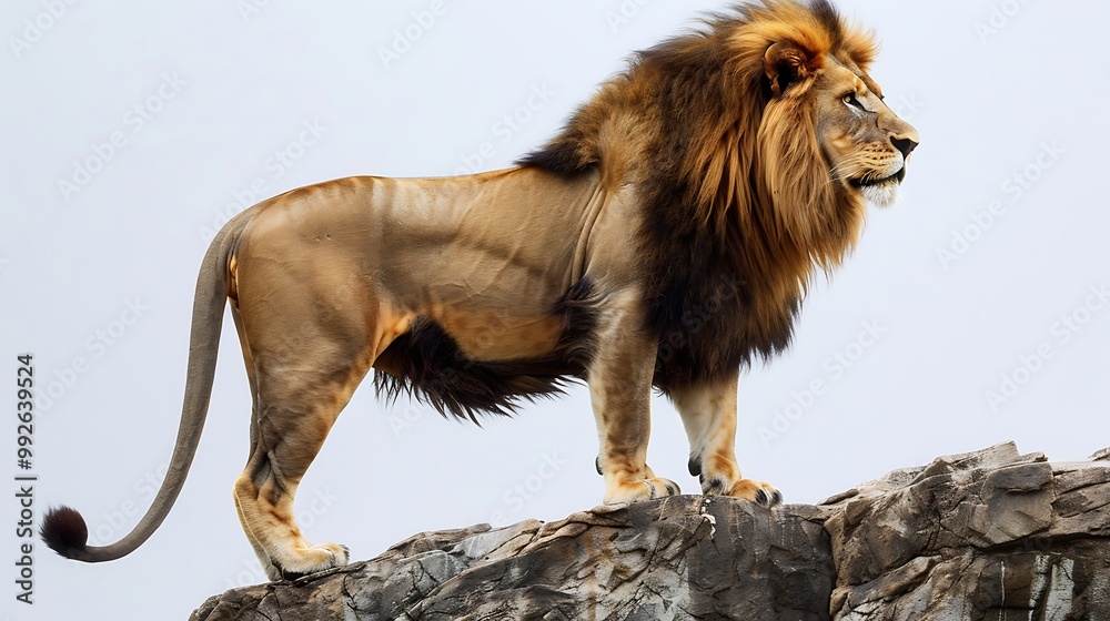 Obraz premium A regal lion standing on a rocky ledge its mane flowing in the wind set against a clean white background for dramatic effect