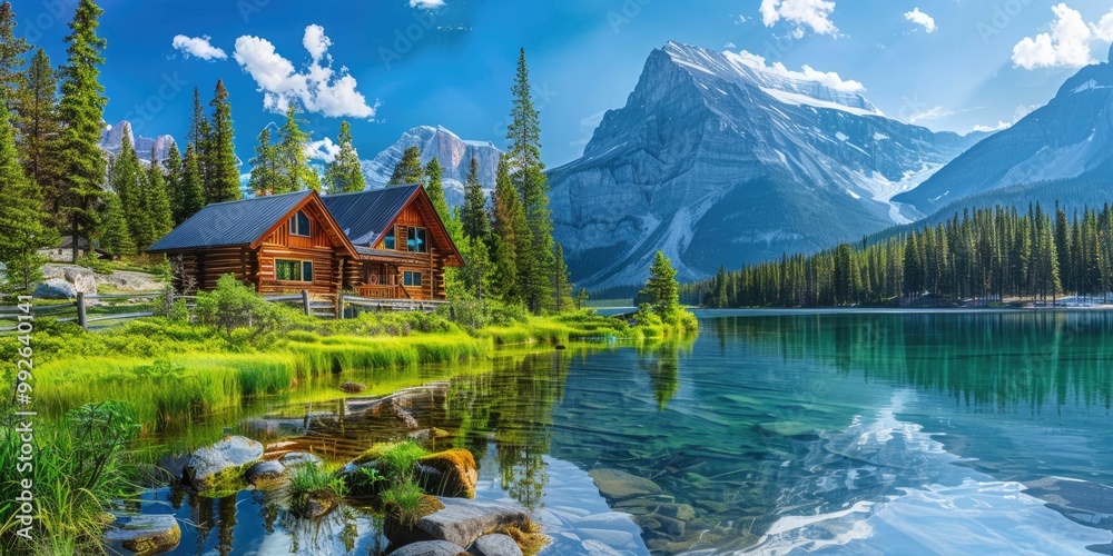 A tranquil spring scene with a wooden cabin near a serene lake, with majestic mountains and vibrant greenery under the clear blue sky. A tranquil spring scene with a wooden cabin near a serene lake, with majestic mountains and vibrant greenery under the clear blue sky.