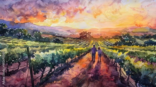Watercolor painting of a couple walking in an orchard with a beautiful morning view.