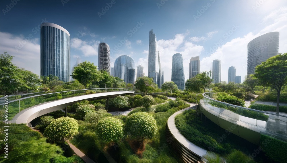 Fototapeta premium Architecture, environment and future with park in city for carbon footprint, eco friendly and futuristic