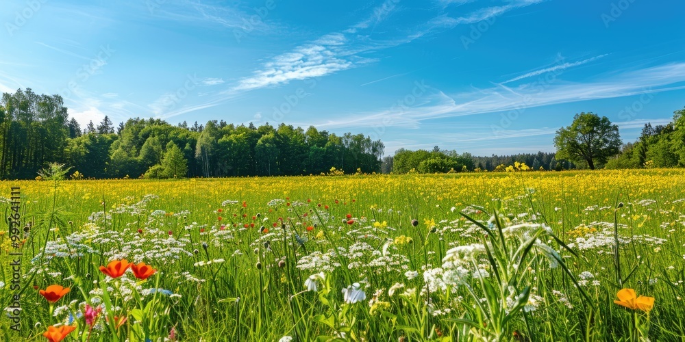 A vibrant spring landscape with blooming wildflowers, lush green meadows, and a clear blue sky, with trees budding with fresh leaves in the background. A vibrant spring landscape with blooming wildflowers, lush green meadows, and a clear blue sky, with trees budding with fresh leaves in the background.