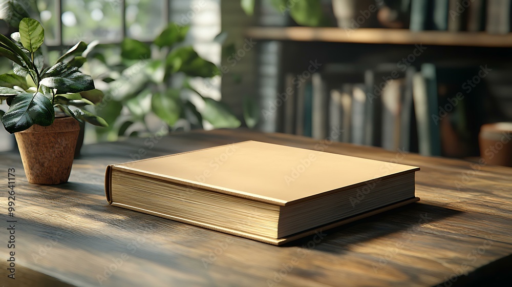 A hardcover book with a blank cover set on a wooden desk, ideal for cover mockup A hardcover book with a blank cover set on a wooden desk, ideal for cover mockup