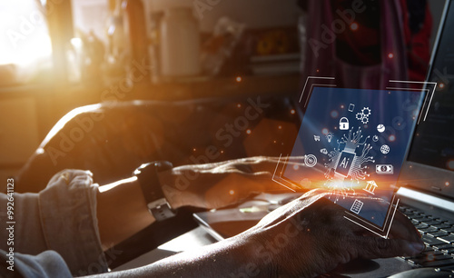 Businessman typing on keyboard, working with AI on interface scr