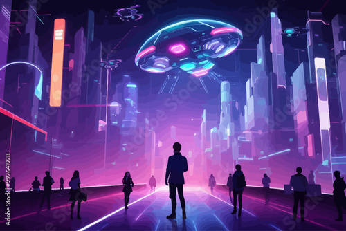 A humans collaborating with AI in a futuristic city in skyline of a future city adorned with massive skyscrapers and holographic advertisements