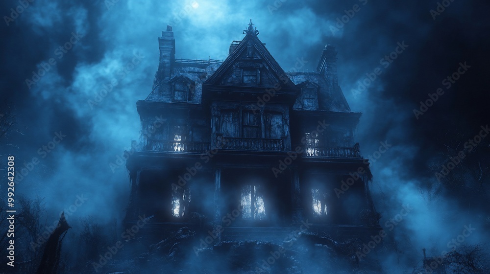 A spooky, old house with glowing windows stands alone in a foggy, moonlit night. A spooky, old house with glowing windows stands alone in a foggy, moonlit night.