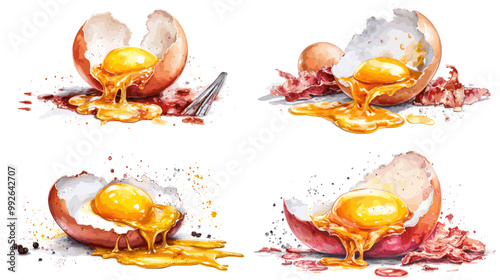 Four different images of eggs with one of them being broken open. The other three eggs are whole