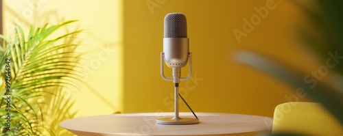 A modern microphone stands on a stylish table, surrounded by vibrant colors and lush greenery, perfect for recording. photo