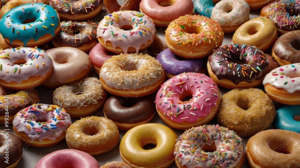 National Donut Day banner featuring a variety of donuts with a donut as the 'O' in National National Donut Day banner featuring a variety of donuts with a donut as the 'O' in National
