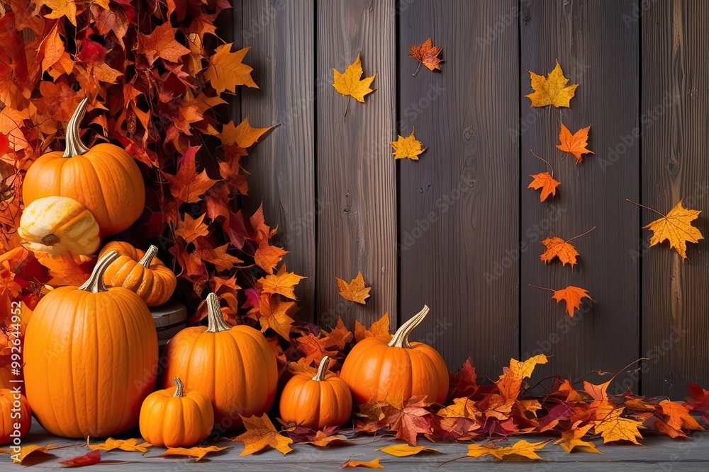 Obraz premium Bright Autumn Arrangement Featuring Lively Orange Pumpkins and Falling Leaves