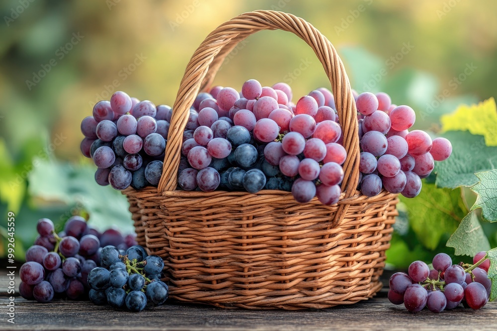 Basket filled with vibrant purple grapes in vineyard Basket filled with vibrant purple grapes in vineyard