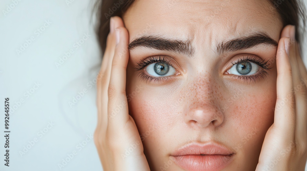Woman touching her face, disbelief in eyes, closeup, soft indoor light Woman touching her face, disbelief in eyes, closeup, soft indoor light