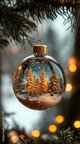 Christmas ornament hanging on a christmas tree is reflecting a snowy forest scene