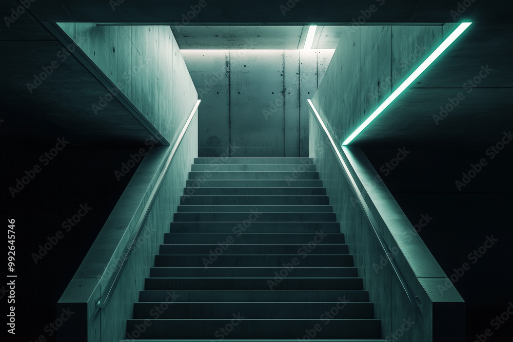 Fototapeta premium Minimalist concrete staircase with neon lighting in a futuristic setting.