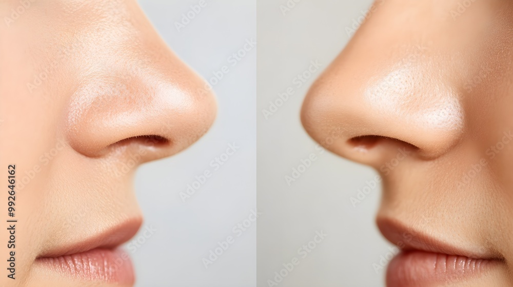 Obraz premium Close-up view of before-and-after nose job, focusing on symmetry and improved nose shape, Photorealistic, Bright Lighting, High Detail