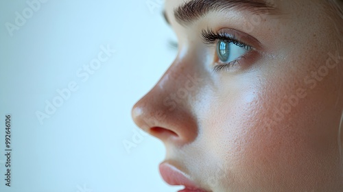 Split-view of a rhinoplasty patient, showing improved nose shape and facial harmony, detailed focus on nasal tip and bridge, Realistic, Bright Lighting