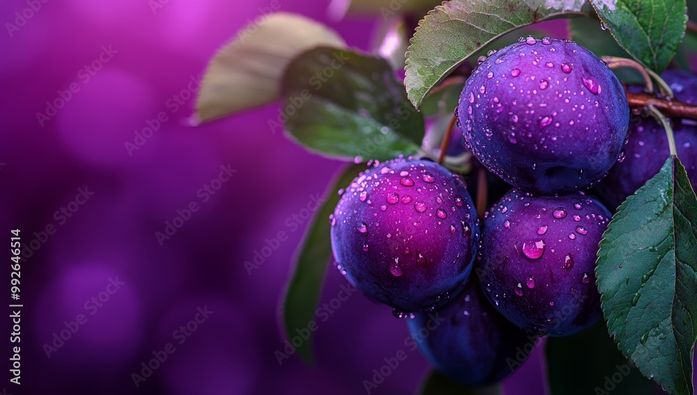 Obraz premium Close-up of Ripe Plums Covered in Dew