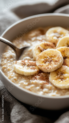 Close-up of a spoon scooping creamy porridge from a bowl, topped with sliced bananas and cinnamon, bright kitchen setting with natural sunlight, healthy and comforting mood