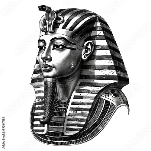 Tutankhamun Egyptian King Engraved Illustration Isolated on Transparent or White Background, PNG photo