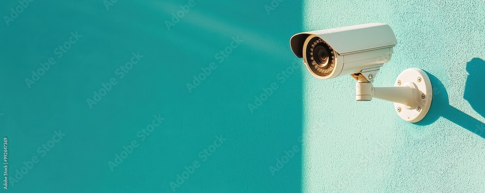 A modern security camera mounted on a vibrant turquoise wall, symbolizing surveillance and safety in urban environments. A modern security camera mounted on a vibrant turquoise wall, symbolizing surveillance and safety in urban environments.