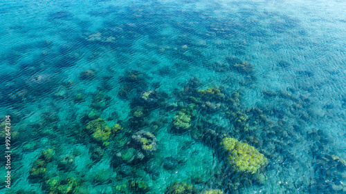Fototapeta Naklejka Na Ścianę i Meble -  Top view. Summer sea water, blue surface. The water is clear with ripples and sparkles in the sunlight and you can see coral under the sea
