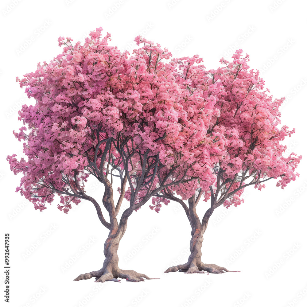 Fototapeta premium Pink Flowery Blossoming Trees Isolated on Transparent or White Background, PNG