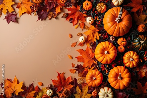 Vibrant Fall Background with Colorful Orange Pumpkins and Flowing Autumn Leaves on Gentle Canvas