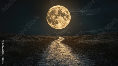 A narrow golden path winds through an all-black earth and sky, leading to a bright, large golden moon on the horizon, creating a poetic night scene photo