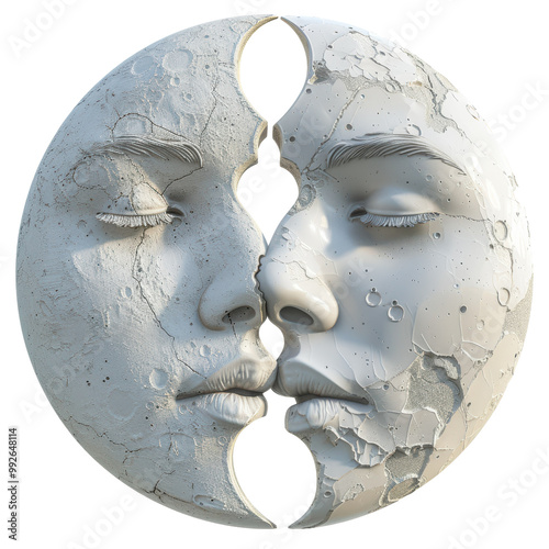 Sun and Moon 3D Render Set with Faces Isolated on Transparent or White Background, PNG