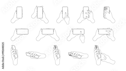 Male and Female Hands Holding Mobile Phones Horizontally and Vertically with Blank Screens. Editable Line Art Vector Illustrations of Tapping and Finger Tapping on Screen. Vector.