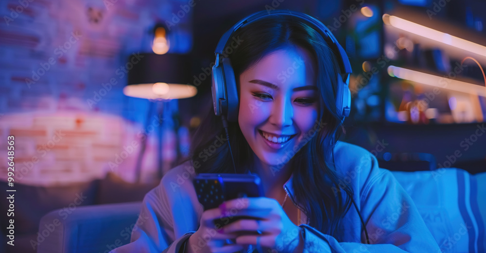 An Asian woman gaming with a smartphone, wearing headphones and smiling in the living room at night. Colorful neon lights are on the table. An Asian woman gaming with a smartphone, wearing headphones and smiling in the living room at night. Colorful neon lights are on the table.