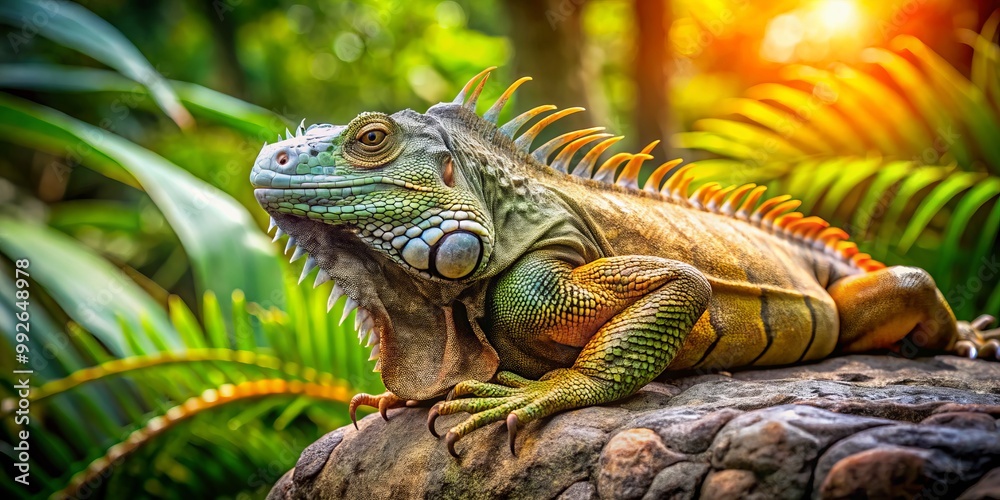 A bright iguana relaxes on a sunlit rock, nestled amidst lush tropical vegetation, embodying the serene beauty of A bright iguana relaxes on a sunlit rock, nestled amidst lush tropical vegetation, embodying the serene beauty of