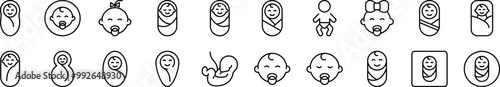 Newborn Icon Set for UI, Placards, Books, Apps. Editable Stroke. Suitable for Web Sites, Books, Cards, Apps