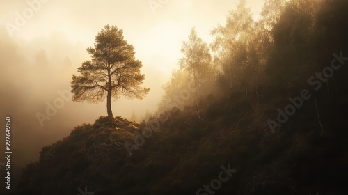 A solitary, tall tree bathed in golden light on a foggy hilltop, standing out above the dense, atmospheric woodland