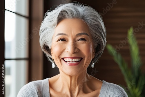 Radiant Mature Woman with Luminous Skin and Stylish Gray Hair