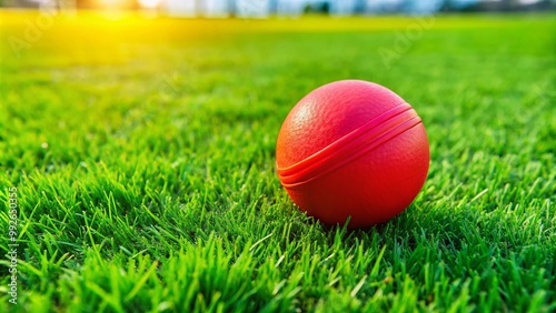 A colorful lacrosse ball rests on the grass, eagerly awaiting action in a dynamic sports setting, prepared to